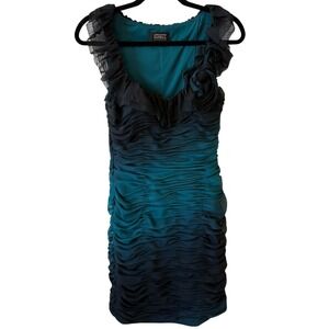Adrianna Papell Boutique Dress Black Teal Ombre Ruffle Sleeveless Sz 8